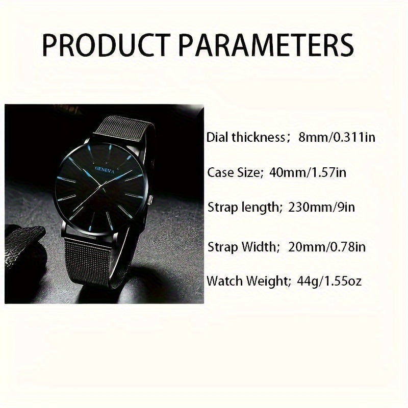 Stylish Men's Quartz Watch - 8mm Thick Case, Stainless Steel Mesh Band, Blue & Red Accents, Modern Design, Fashionable Gift, Water Resistant, Precise Timekeeping, Box Packaging Included