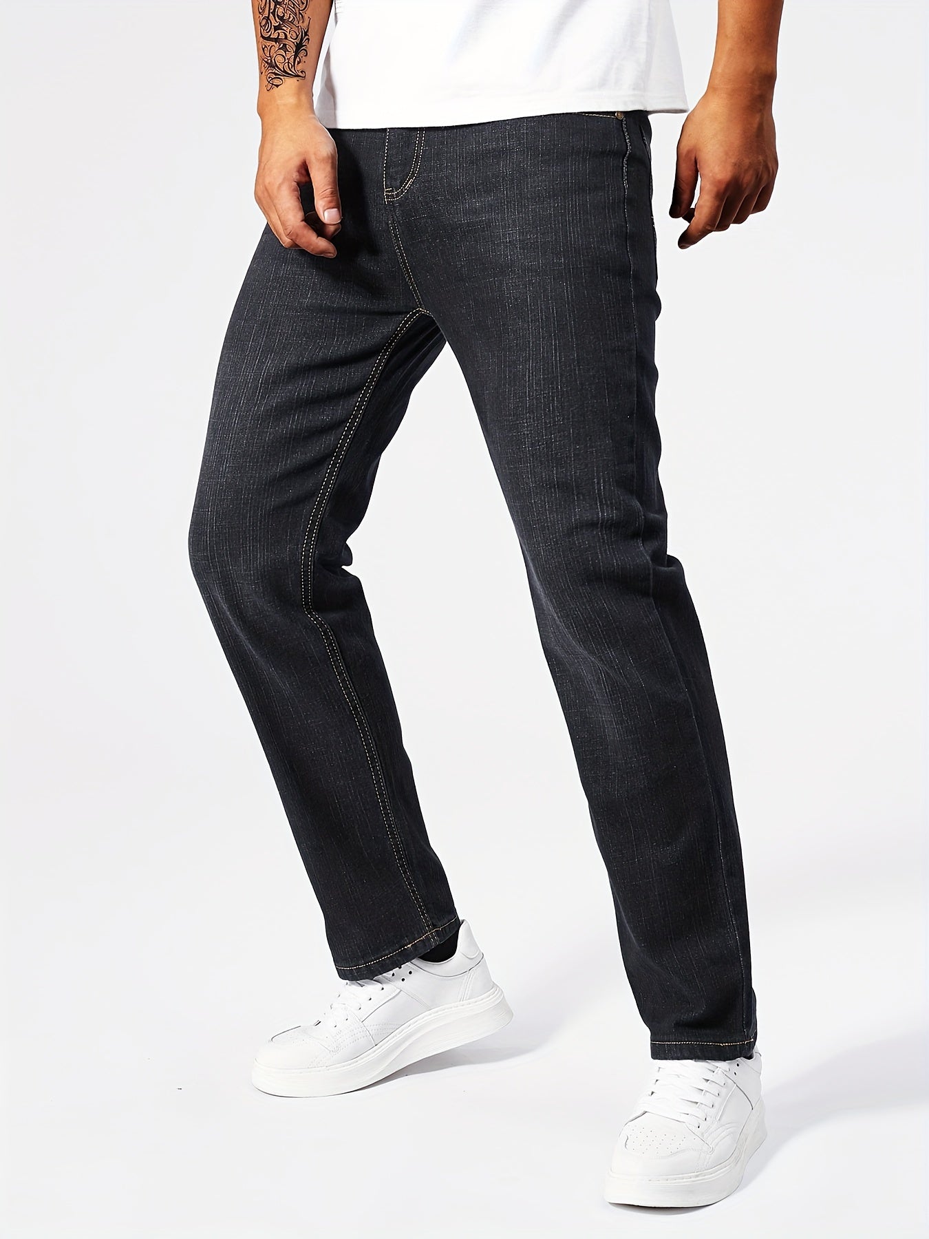 Stretchy Comfort Fit Classic Jeans - Men's Casual Business Denim Pants with Elastic Waistband, Five-Pocket Design, and Versatile Style for Formal and Informal Occasions
