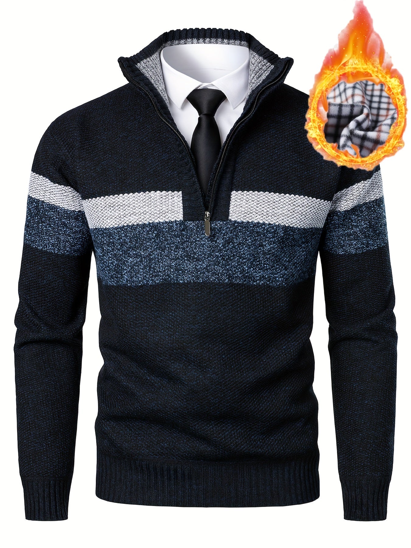 Autumn/Winter Collection: Men's Long Sleeve Casual Knit Sweater with 1/4 Zipper, Color Block Design, Polyester, Regular Fit