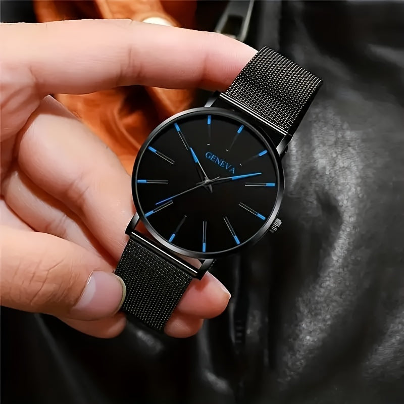 Stylish Men's Quartz Watch - 8mm Thick Case, Stainless Steel Mesh Band, Blue & Red Accents, Modern Design, Fashionable Gift, Water Resistant, Precise Timekeeping, Box Packaging Included