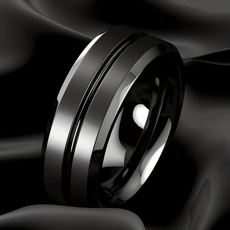 1 Exquisite 8mm Carbonized Steel Ring with Black Groove, Matte Tungsten Steel Wedding Engagement Jewelry for Men, Luxury Party Anniversary Commemorative Ring