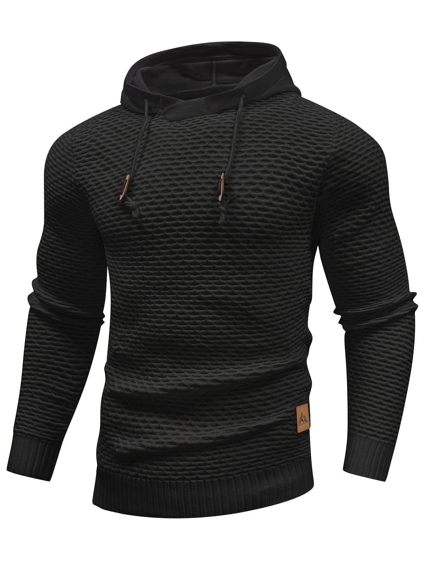Men's Geometric Waffle-Knit Hoodie with Drawstring | Durable Polyester Pullover, Ideal for Spring/Fall