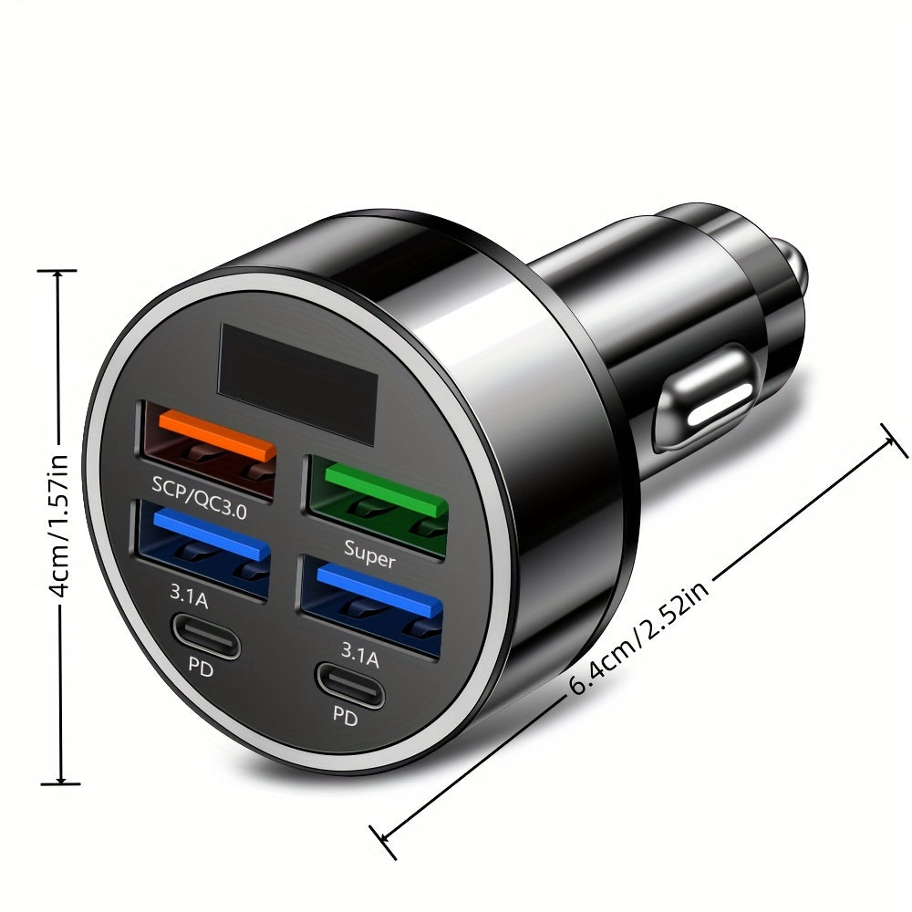 6-in-1 USB C Car Charger Adapter - Fast Charging, Voltage Monitor, iPhone Samsung Compatible, Safe & Efficient