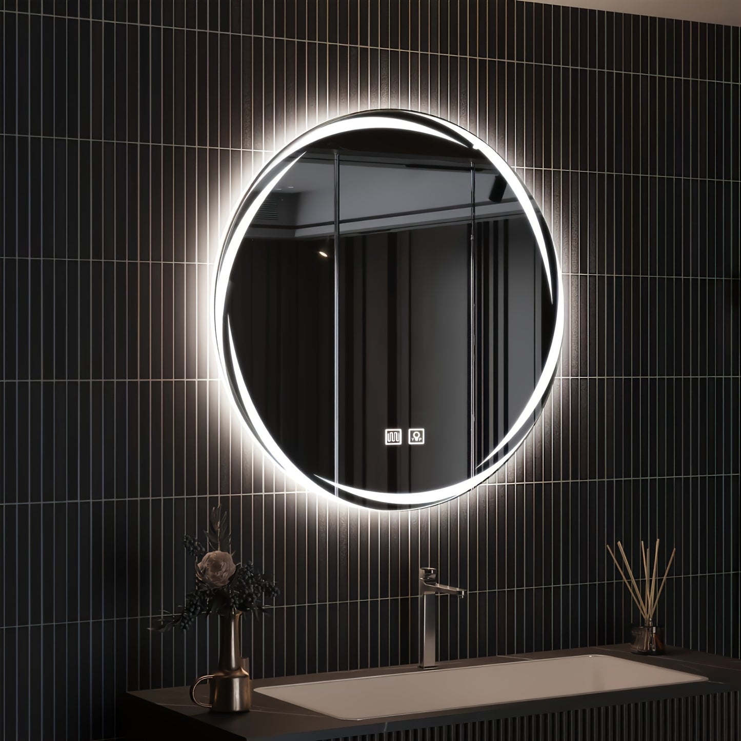 33.4-inch Large Circular LED Bathroom Wall Mirror with Matte Light Control Touch Button, Long Press Brightness Adjustment, Touch Defogging, and American Standard Plug