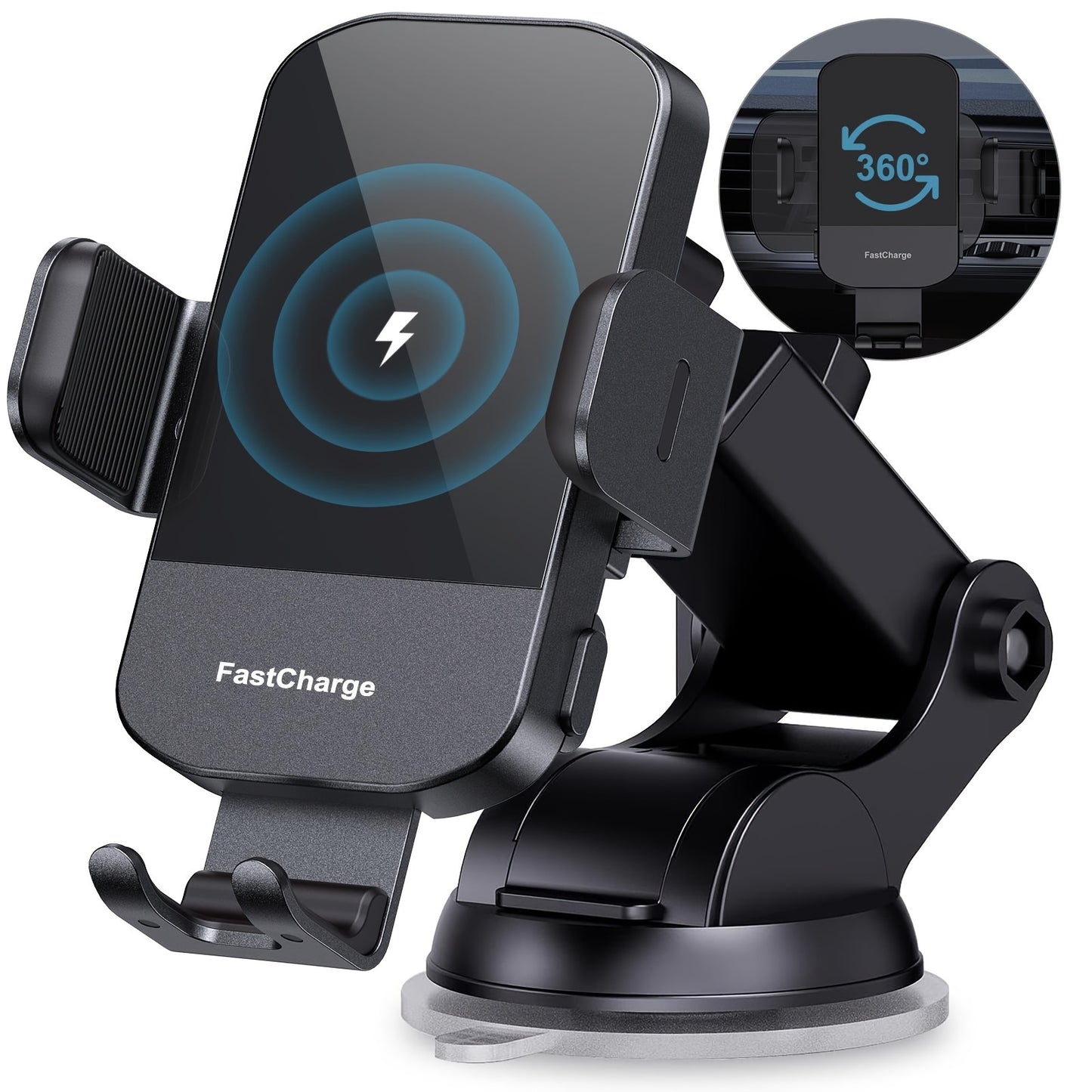 15W Rapid Wireless Car Charger Mount - Automatic Clamping, Hands-Free Adjustable Phone Holder - Compatible with iPhone 15/14/13/12/11 Pro Max/Xs, Samsung Galaxy S24/S23/S22/S21/S20/S10+ - Sleek Black Design