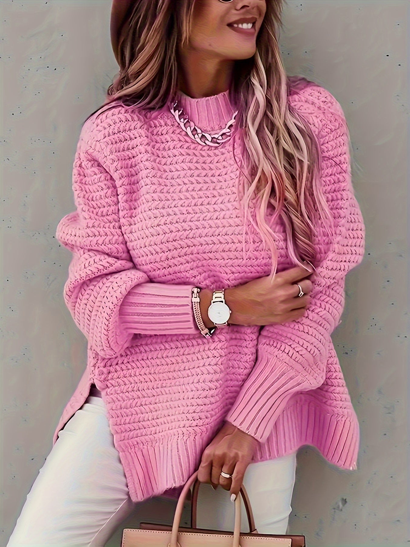 Women's Elegant Long Sleeve High-Low Hem Mock Neck Sweater - Soft, Cozy, and Versatile for Fall & Winter - Perfect for Casual Daily Wear, Outdoor Activities, and Office Work
