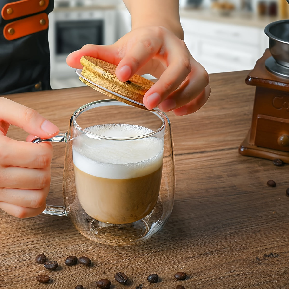 Premium Insulated Coffee Cup - Double-Walled Thermal Insulation, Durable Borosilicate Glass, Leak-Proof Lid and Spoon - Perfect Coffee Machine Accessory and Afternoon Tea Mug for Hot and Cold Beverages