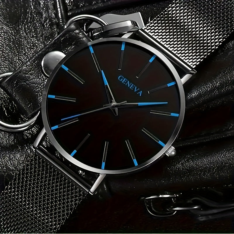 Stylish Men's Quartz Watch - 8mm Thick Case, Stainless Steel Mesh Band, Blue & Red Accents, Modern Design, Fashionable Gift, Water Resistant, Precise Timekeeping, Box Packaging Included