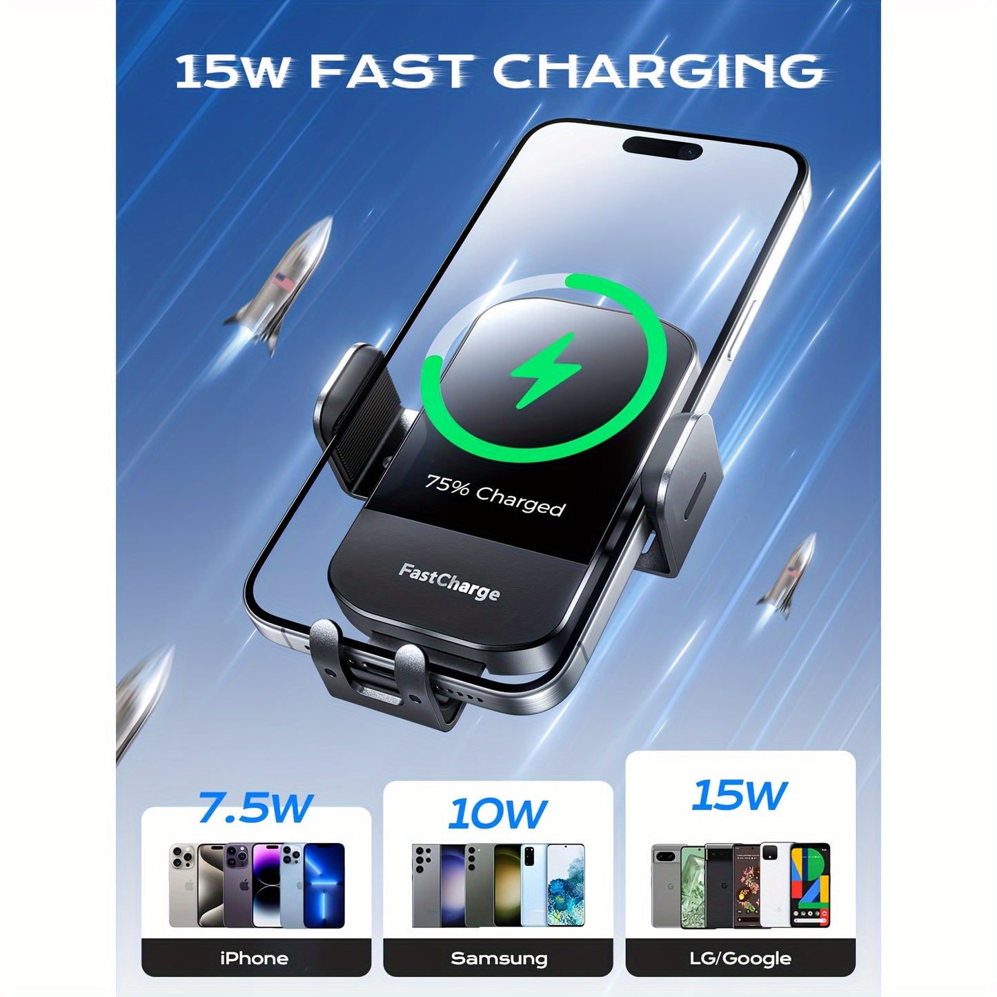 15W Rapid Wireless Car Charger Mount - Automatic Clamping, Hands-Free Adjustable Phone Holder - Compatible with iPhone 15/14/13/12/11 Pro Max/Xs, Samsung Galaxy S24/S23/S22/S21/S20/S10+ - Sleek Black Design