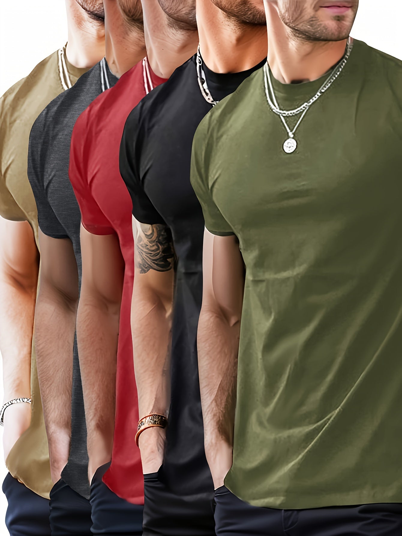 5-Piece Men's Fashionable Summer Sports T-Shirts - Breathable Stretch Crew Neck, Casual Comfortable Wear for Outdoor Activities - Soft, Lightweight, Moisture-Wicking Fabric