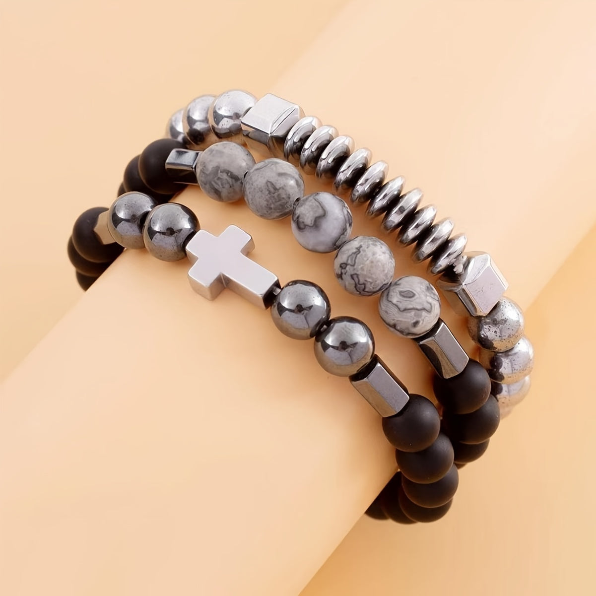 3pcs/set Fashion Hip-hop Three-layer Black Gallstone Cross Bracelet Men's Punk Trend Charm Jewelry