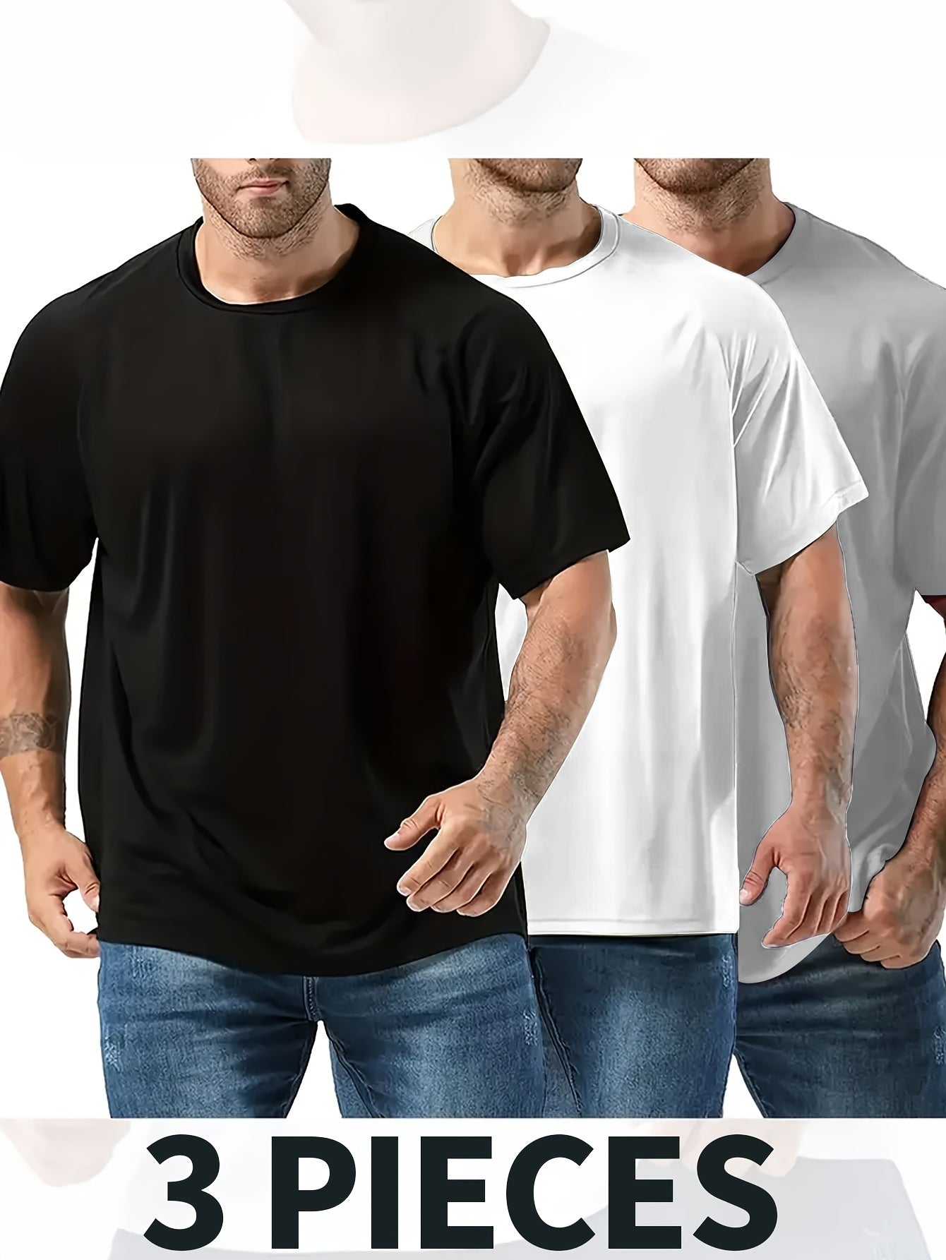 Plus Size Men's Three-Piece Set - Solid Active T-Shirts with Crew Neck, Short Sleeve, Casual, Comfy, and Breathable for Summer Wear