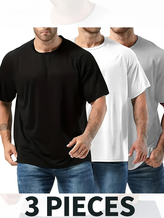 Plus Size Men's Three-Piece Set - Solid Active T-Shirts with Crew Neck, Short Sleeve, Casual, Comfy, and Breathable for Summer Wear