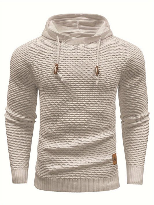 Men's Geometric Waffle-Knit Hoodie with Drawstring | Durable Polyester Pullover, Ideal for Spring/Fall