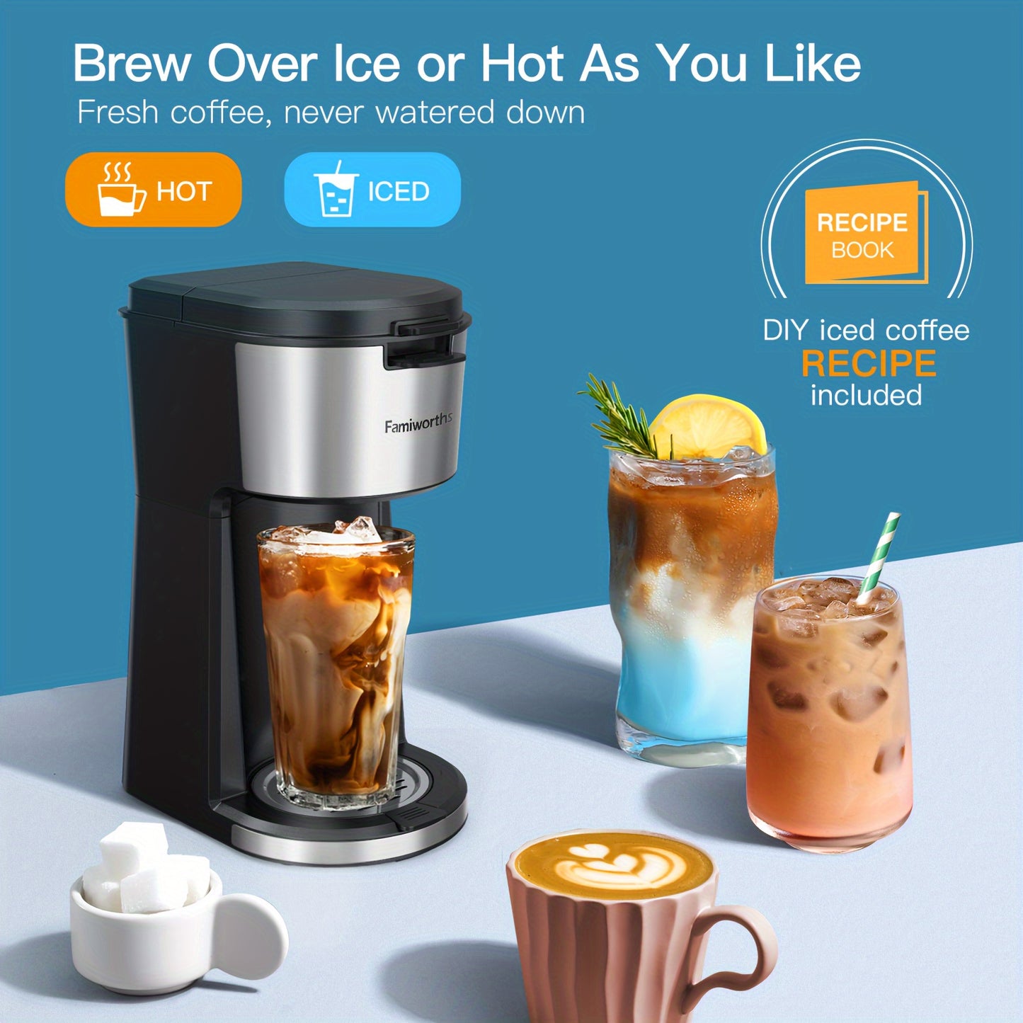 Famiworths Iced Coffee Maker, Hot And Cold Coffee Maker Single Serve For K Cup And Ground, With Descaling Reminder And Self Cleaning, Iced Coffee Machine For Home, Office And RV