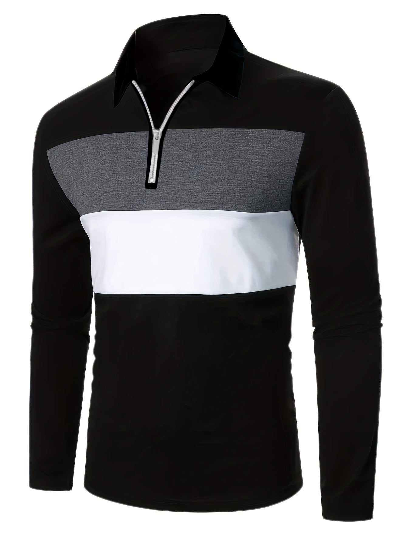 Stylish Men's Colorblock Polo Shirt - Long Sleeve Half Zipper Golf Shirt for Outdoor Casual Wear with Breathable Fabric and Classic Fit