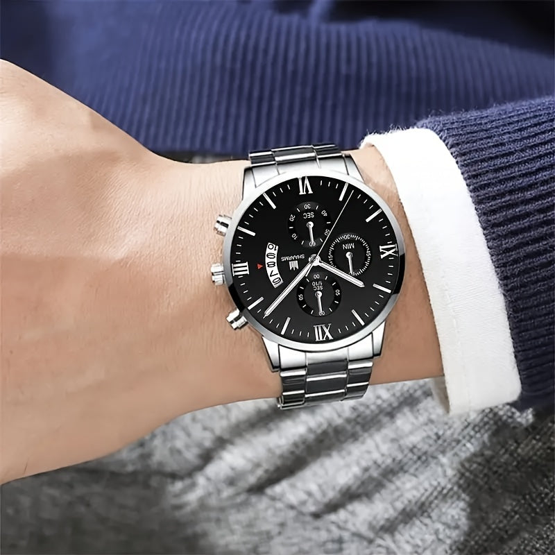 3pcs/set Exquisite Silver Men's Quartz Watch Set - Elegant Three-Eye Design, Classic Circular Calendar Display, Fashionable Stainless Steel Strap and Matching Accessories - Perfect for Any Occasion, Ideal Gift for Men, Stylish and Versatile Timepiece