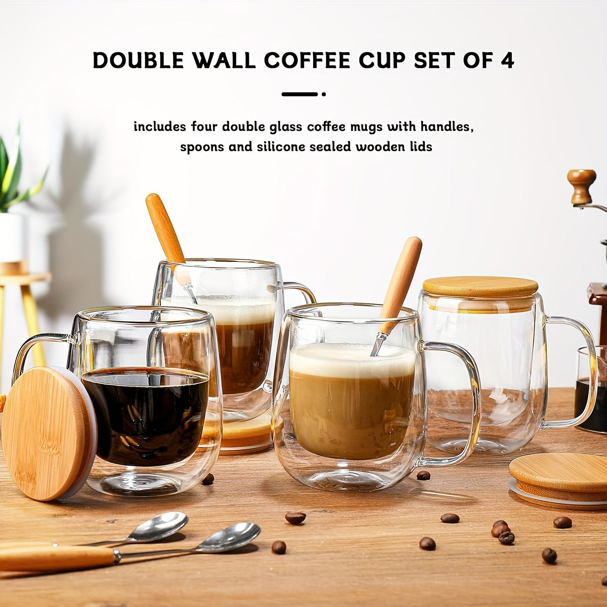 Premium Insulated Coffee Cup - Double-Walled Thermal Insulation, Durable Borosilicate Glass, Leak-Proof Lid and Spoon - Perfect Coffee Machine Accessory and Afternoon Tea Mug for Hot and Cold Beverages