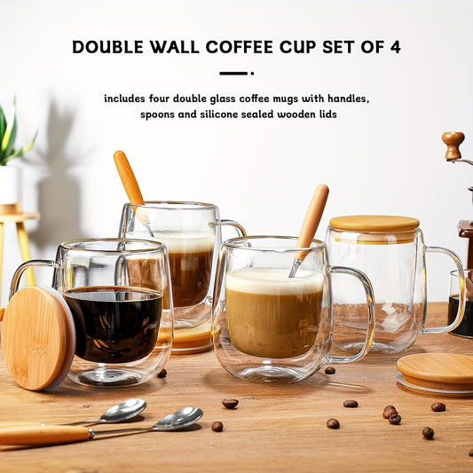 Premium Insulated Coffee Cup - Double-Walled Thermal Insulation, Durable Borosilicate Glass, Leak-Proof Lid and Spoon - Perfect Coffee Machine Accessory and Afternoon Tea Mug for Hot and Cold Beverages