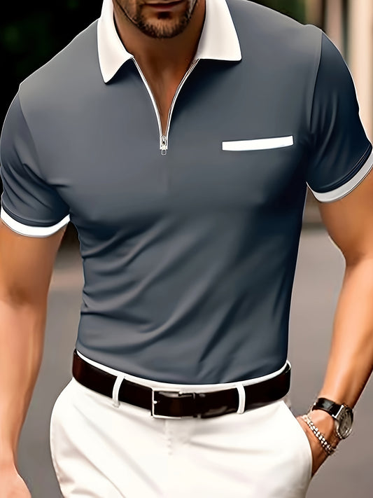 Stylish Polo Shirt for Men - Short Sleeved, Casual, Zippered, Personalized Lapel, Striped Print, Summer Fashion, Breathable, Comfortable, Versatile Outfit for Daily Wear