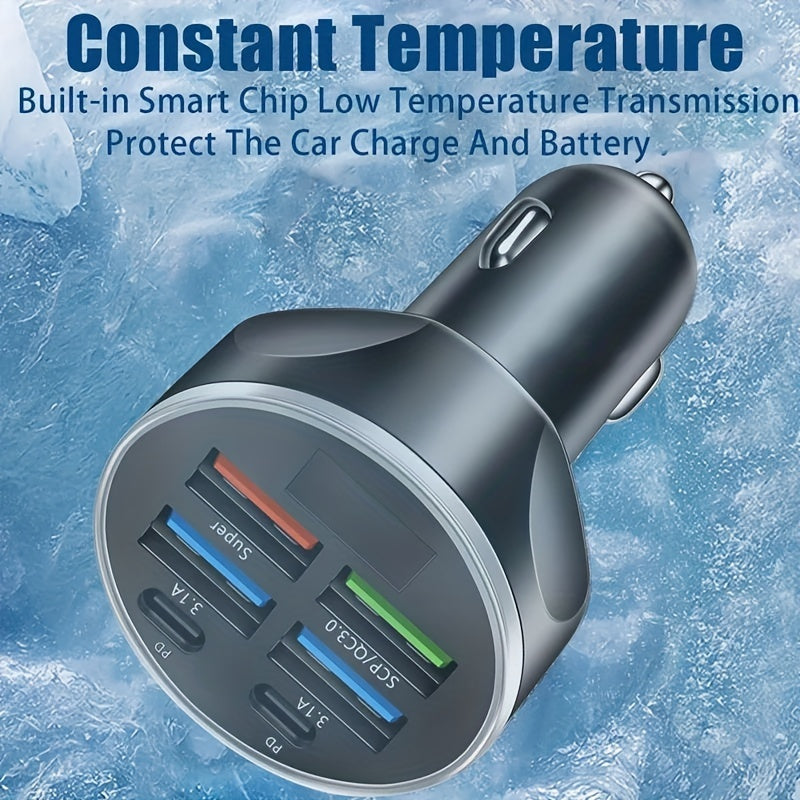 6-in-1 USB C Car Charger Adapter - Fast Charging, Voltage Monitor, iPhone Samsung Compatible, Safe & Efficient