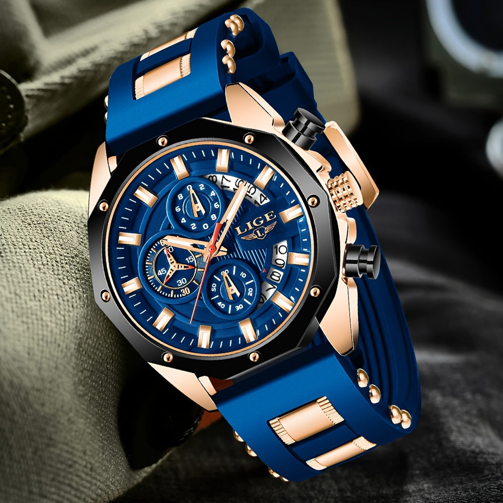 Lige 2024 Chronograph Calendar Men's Watch - Luminous Quartz Watch with Outdoor Casual Style, Waterproof and Suitable for Students or Men as a Gift