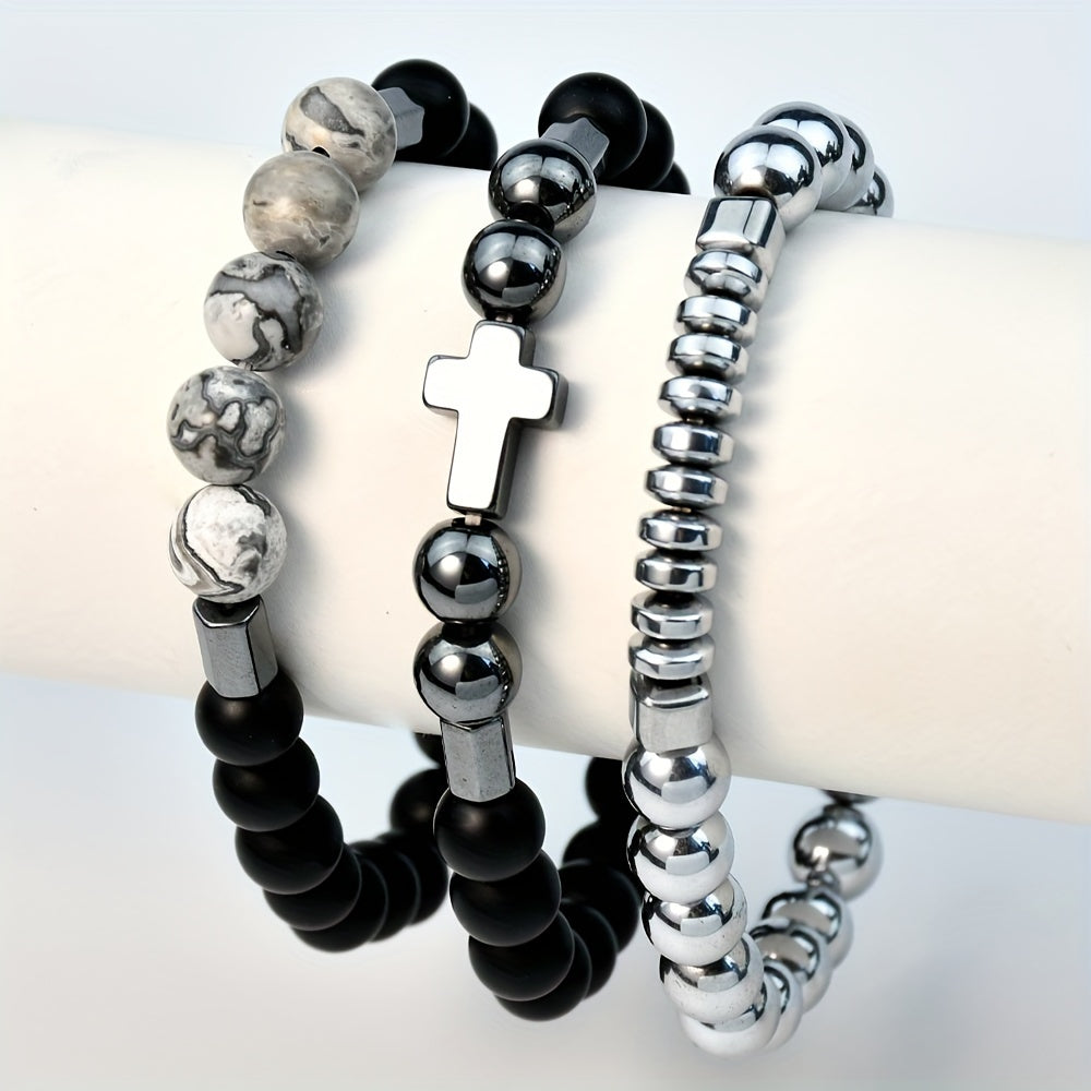 3pcs/set Fashion Hip-hop Three-layer Black Gallstone Cross Bracelet Men's Punk Trend Charm Jewelry