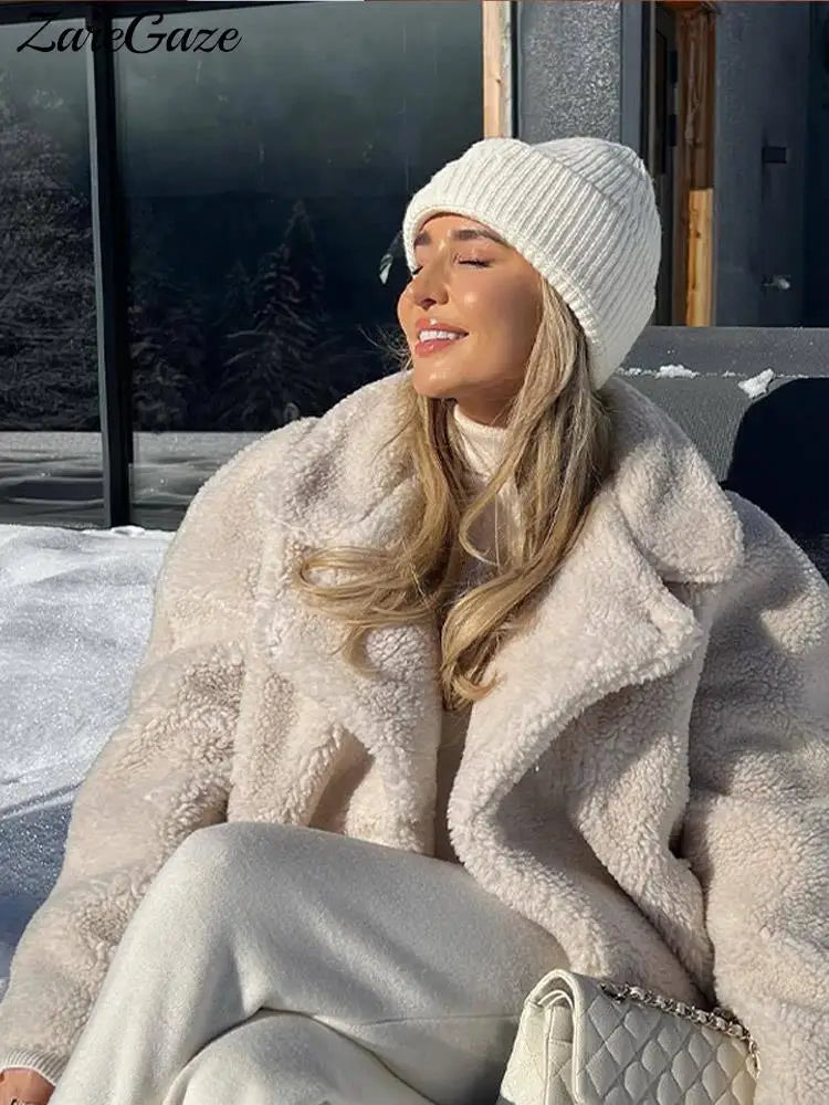 Warm Lambswool Furry Coat Women Turndown Collar Long Sleeve Loose Pockets Female Jacket 2024 Autumn Winter Fashion Lady Overcoat