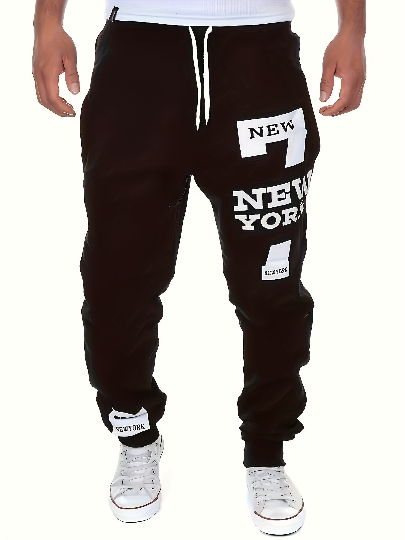 Men's Regular Edition Solid Color Sweatpants With Double Pockets And Drawstring, Letter "NEW YORK" Print Chic Casual Pants, Suitable For Outdoor Activities