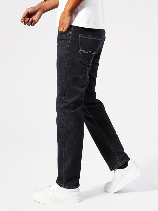 Stretchy Comfort Fit Classic Jeans - Men's Casual Business Denim Pants with Elastic Waistband, Five-Pocket Design, and Versatile Style for Formal and Informal Occasions