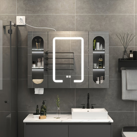 Luxury LED Mirror Cabinet with Intelligent Features and Oversized Mirror Surface - Three Color Adjustment, Defogging, and Adjustable Brightness. Built-in Laminated Lighting with Aerospace Aluminum Material - American Standard Plug.