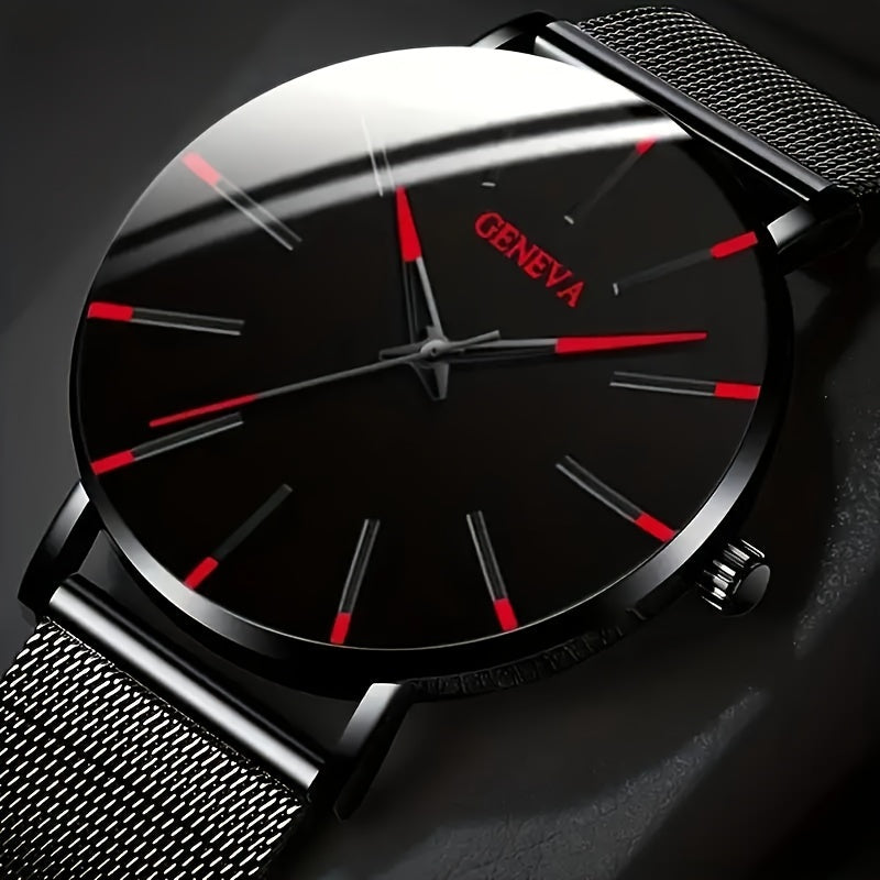Stylish Men's Quartz Watch - 8mm Thick Case, Stainless Steel Mesh Band, Blue & Red Accents, Modern Design, Fashionable Gift, Water Resistant, Precise Timekeeping, Box Packaging Included