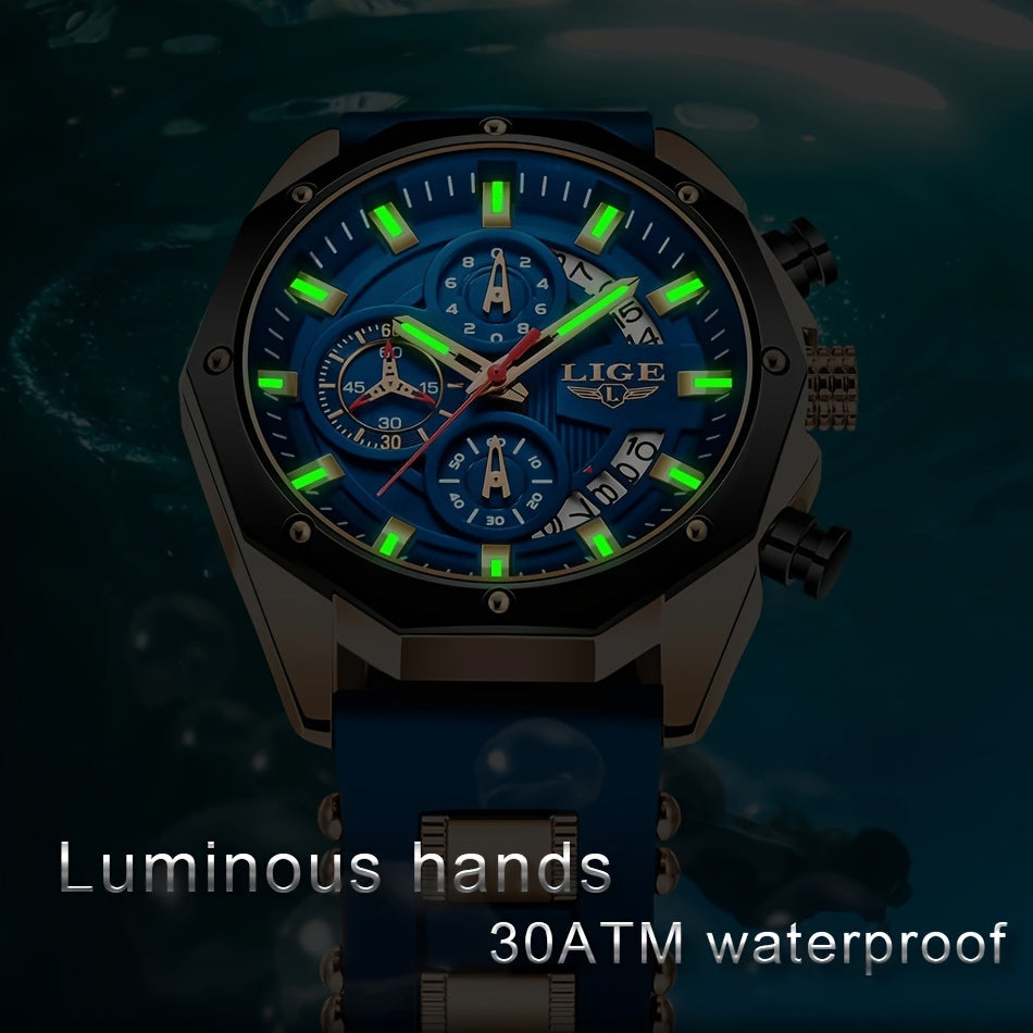Lige 2024 Chronograph Calendar Men's Watch - Luminous Quartz Watch with Outdoor Casual Style, Waterproof and Suitable for Students or Men as a Gift