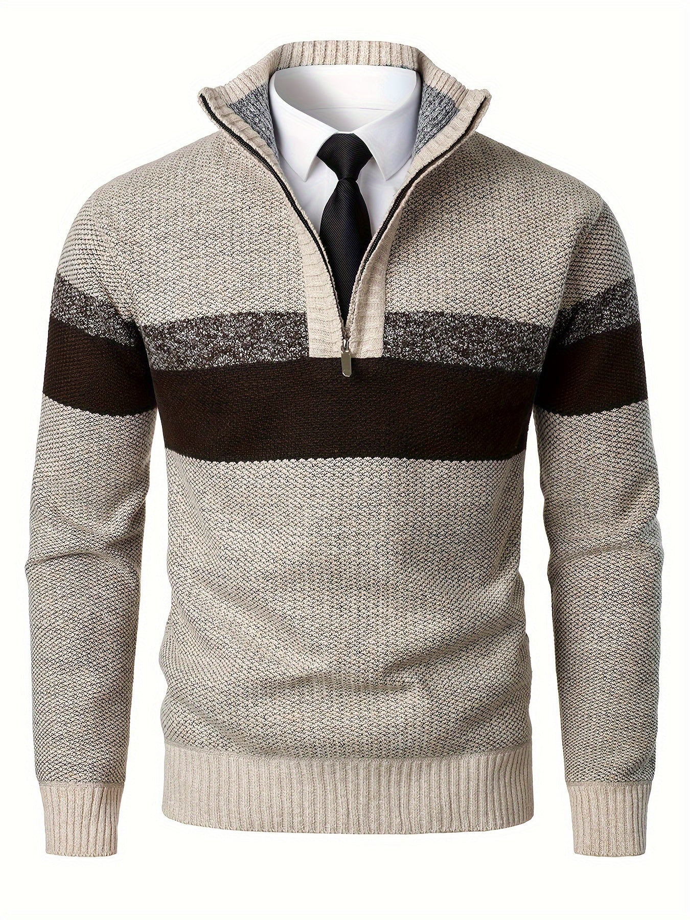 Autumn/Winter Collection: Men's Long Sleeve Casual Knit Sweater with 1/4 Zipper, Color Block Design, Polyester, Regular Fit