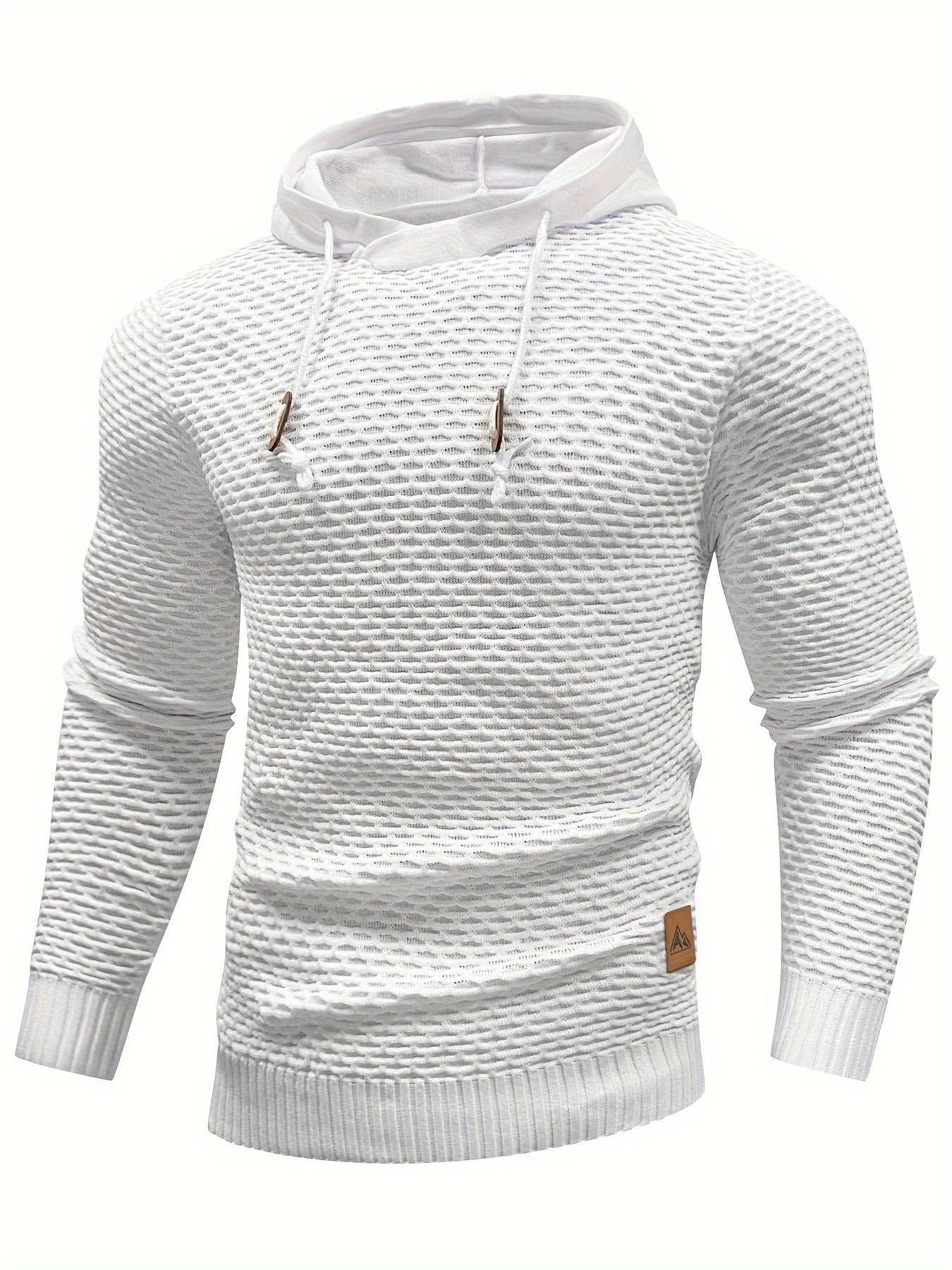 Men's Geometric Waffle-Knit Hoodie with Drawstring | Durable Polyester Pullover, Ideal for Spring/Fall
